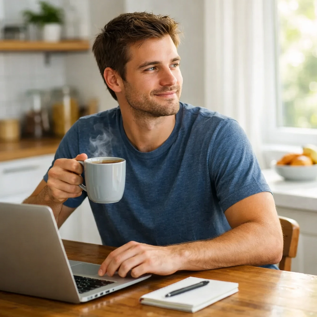 A relaxed man with coffee seeing funds deposited from instant payday loan lenders in Canada.