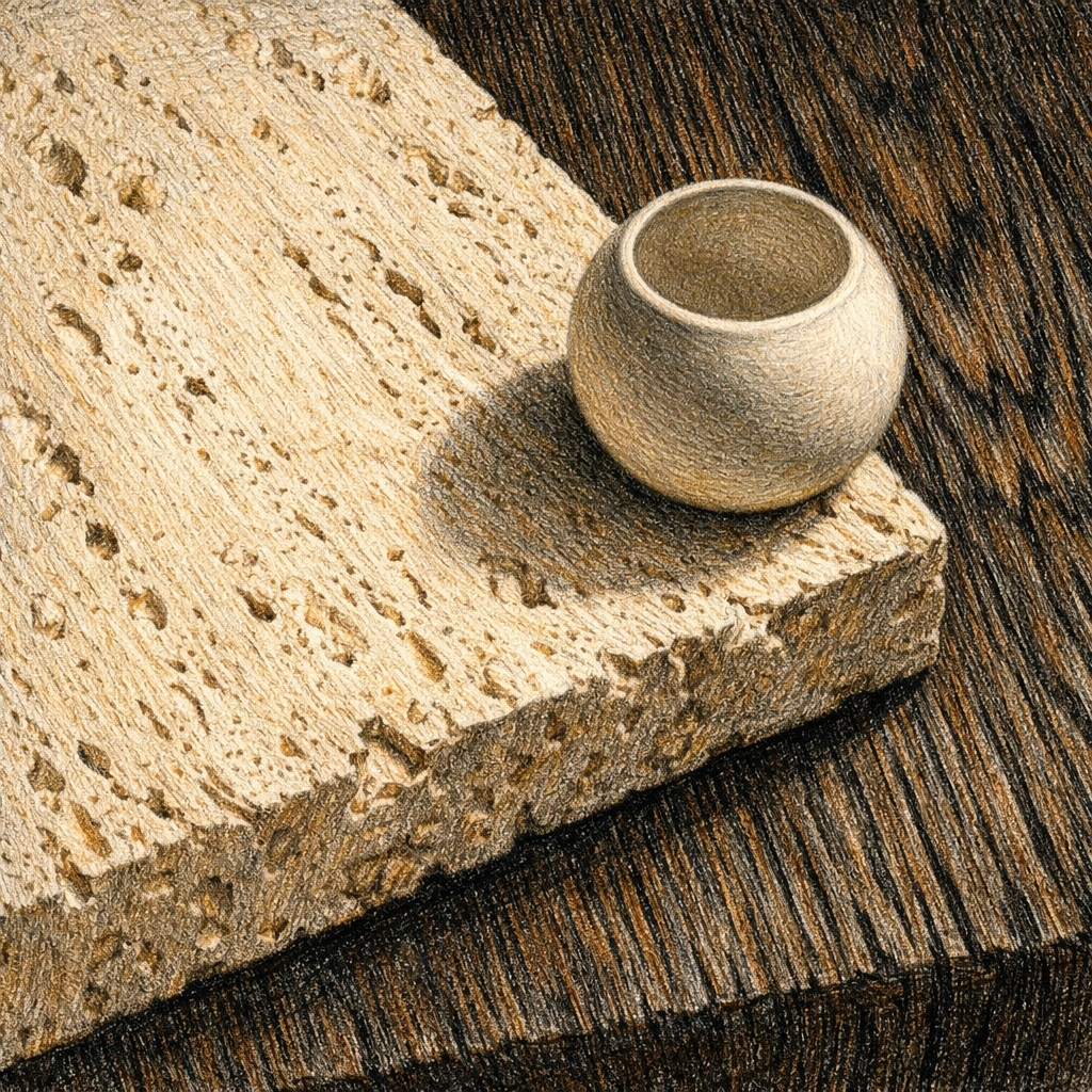 Close-up of raw travertine stone and burnt oak wood used in sustainable luxury hotel architecture.