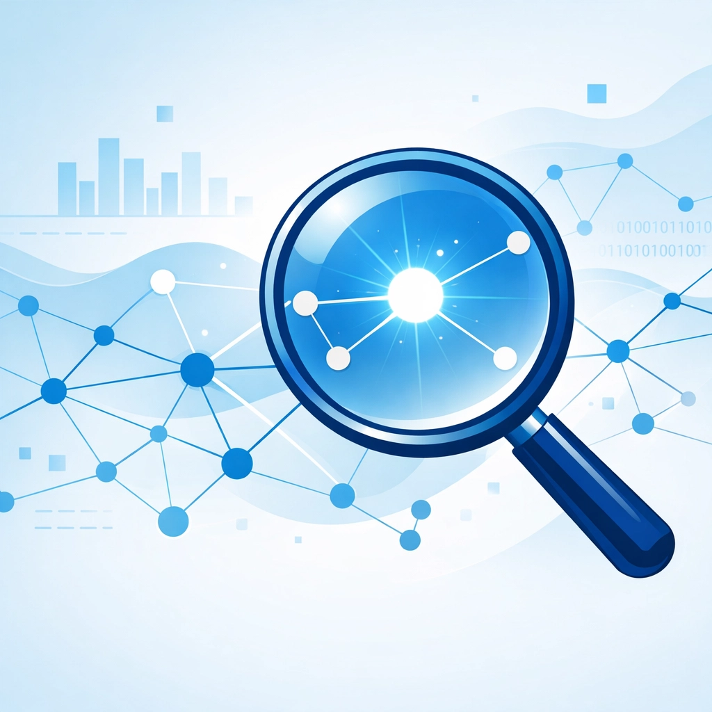 Digital illustration of a magnifying glass finding a high-ranking website node in a search network