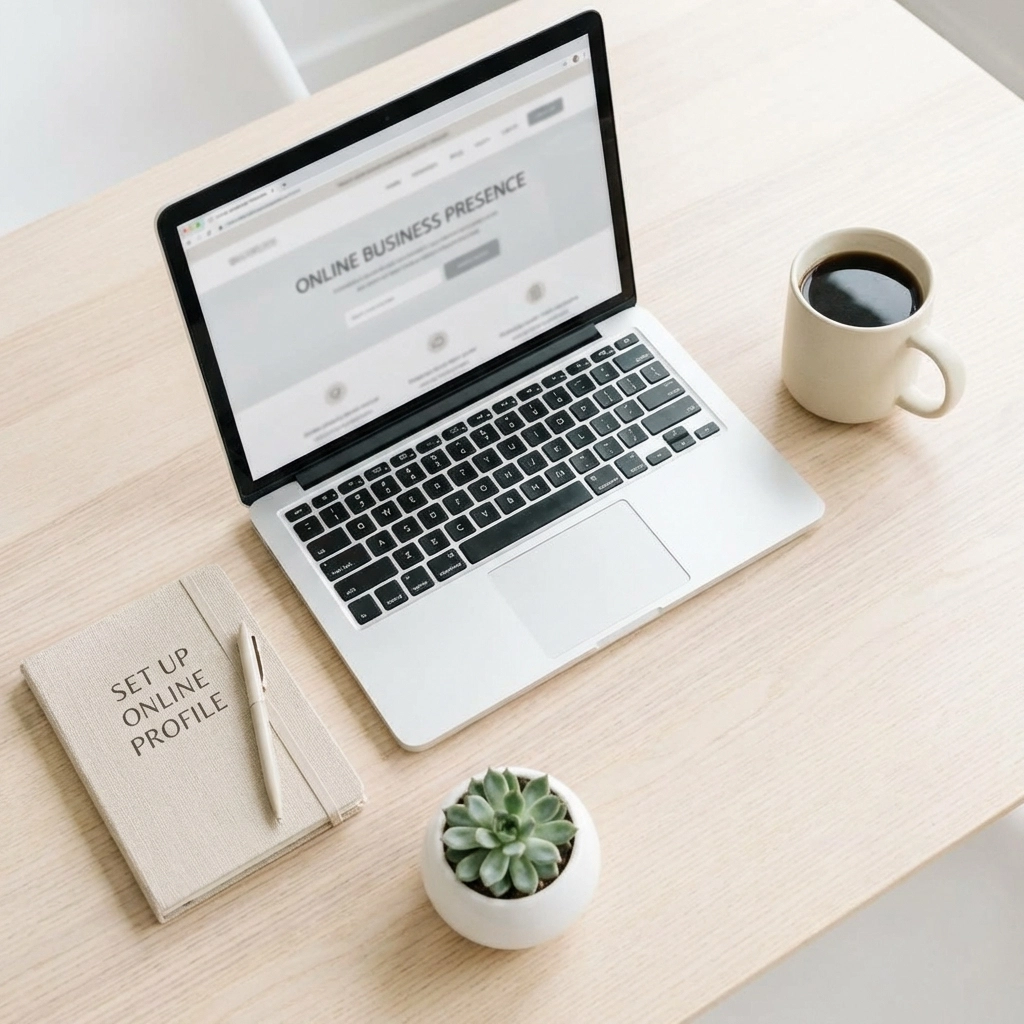 Minimalistic workspace setup for Google Business Profile creation, ideal for local business SEO