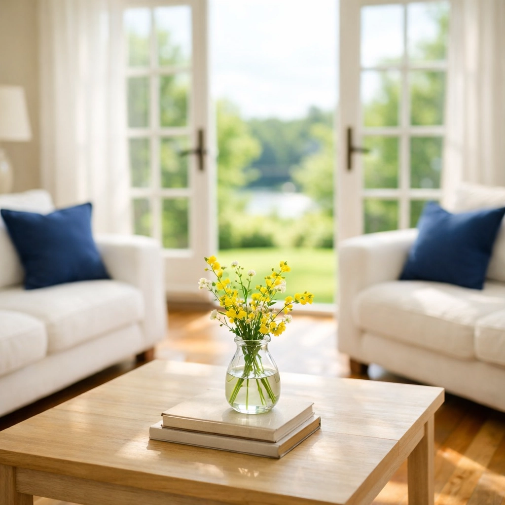 Sun-drenched Foxborough living room with polished wood floors after an eco-friendly house cleaning service.