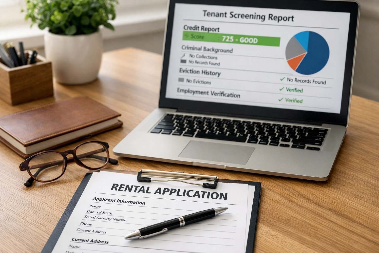 Landlord desk with tenant screening documents and rental application paperwork