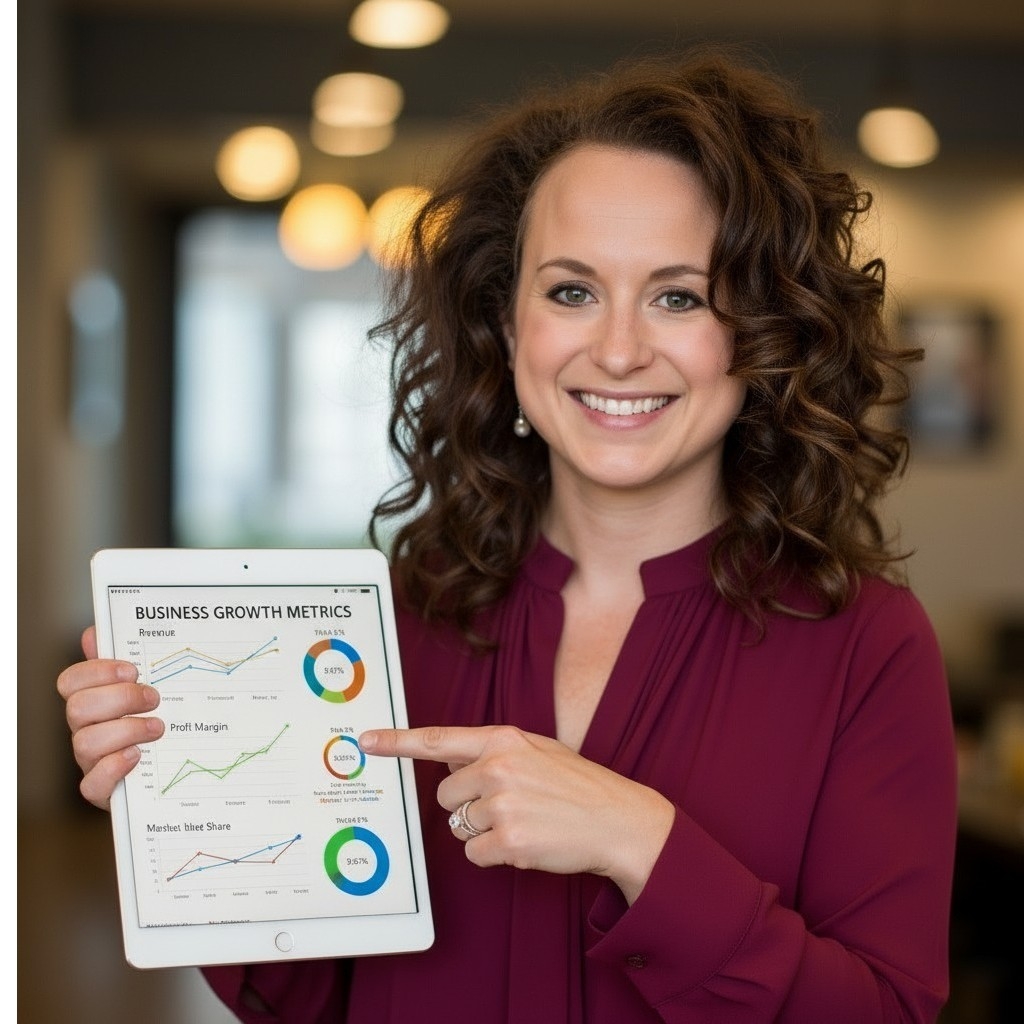 A businesswoman is smiling and holding a tablet displaying business growth metrics