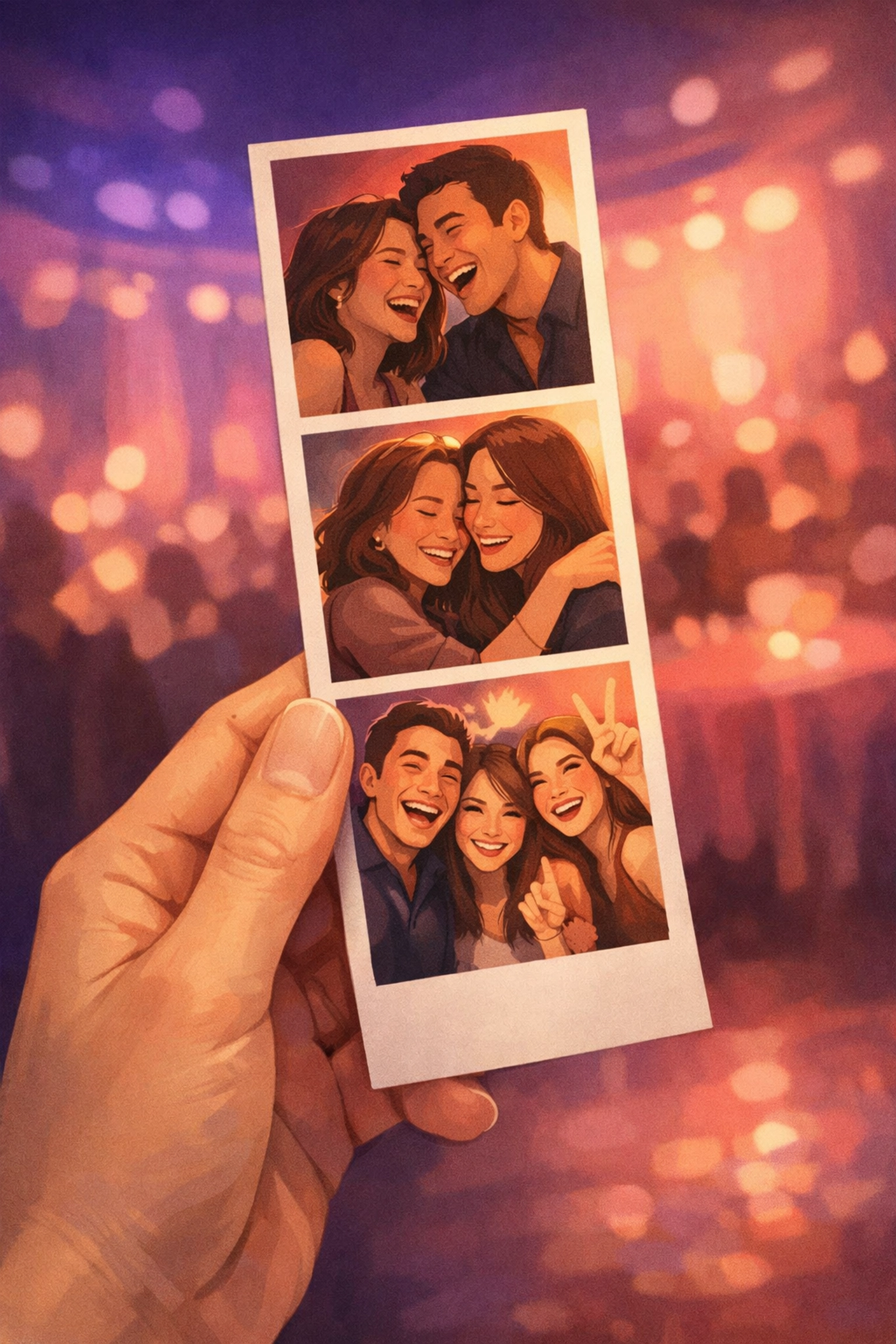 Guest holding a branded 2x6 photo strip souvenir — a tactile, physical keepsake created using Pictor photo booth software at a live event