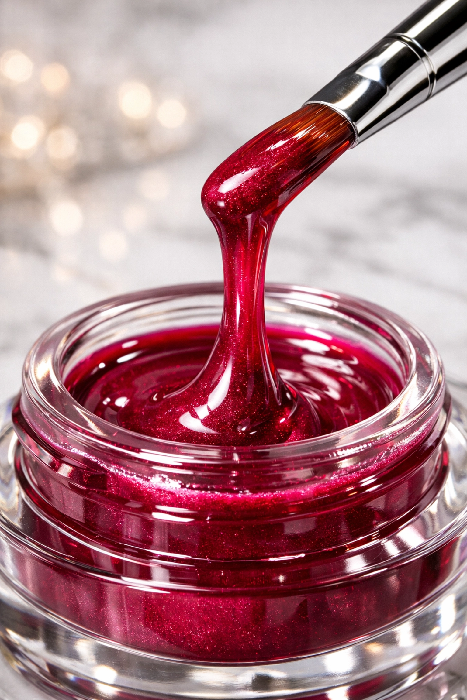 Premium pigmented raspberry Japanese gel pot polish lifted by a professional nail brush.