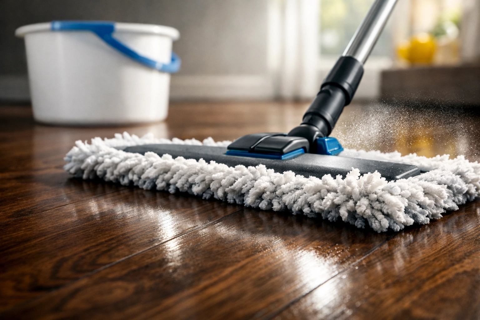 Microfiber mop cleaning new dark wood flooring to remove residual construction odors and chemical residue.