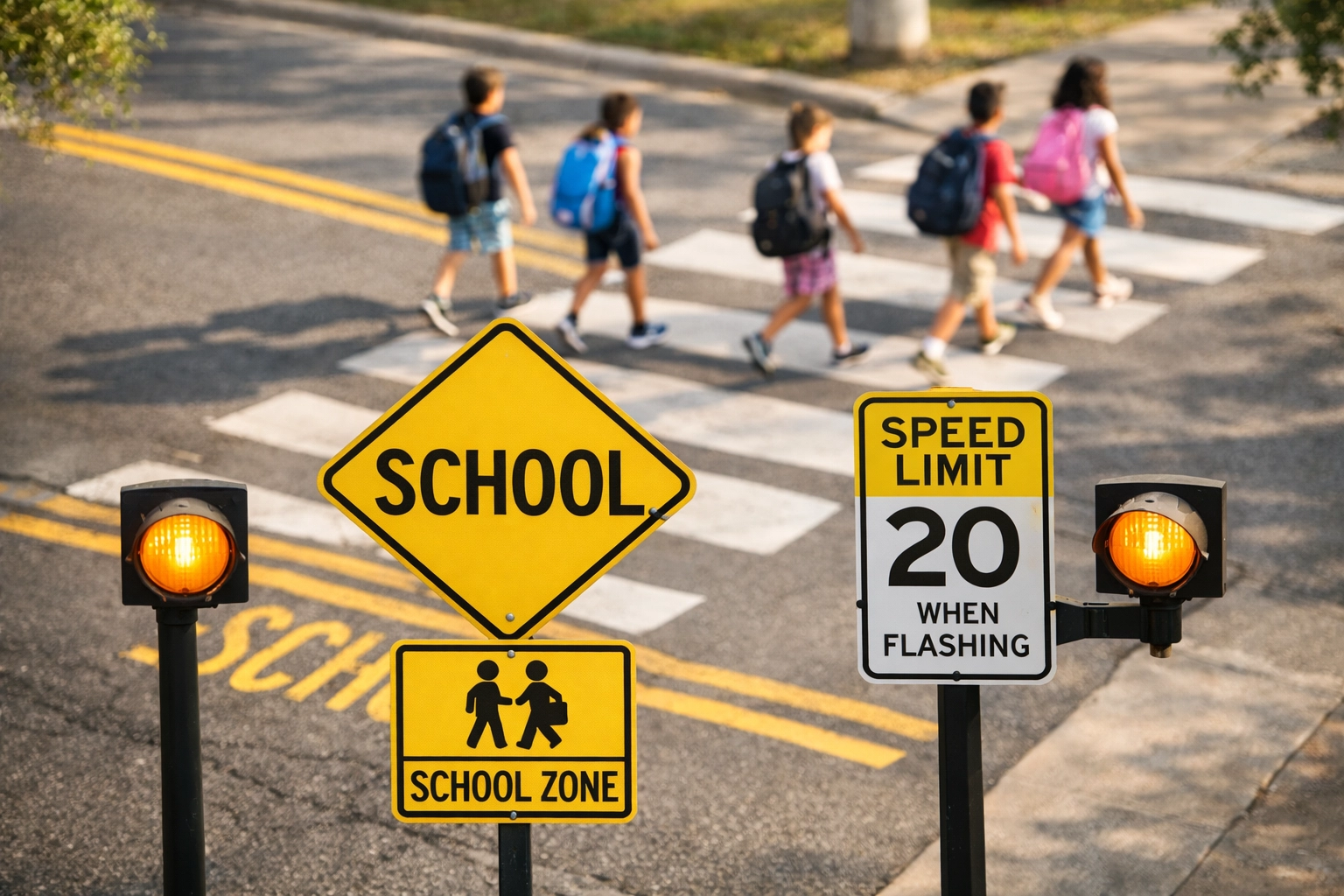 Texas school crossing zone with students and warning signs during dismissal hours