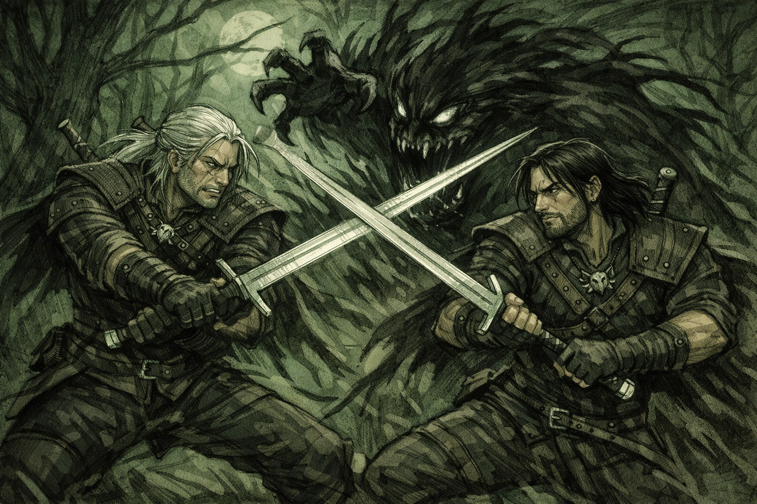 Male witchers fighting monster together in gay fantasy romance adventure