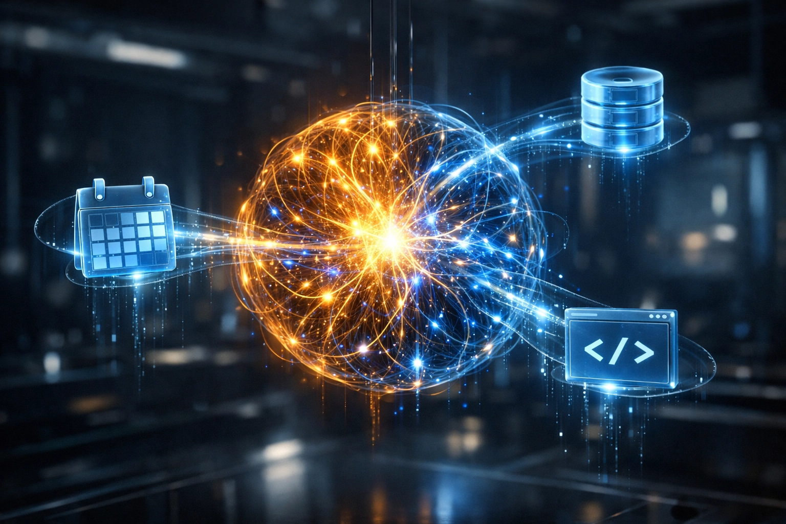 Conceptual representation of agentic AI reasoning and data integration for business automation.