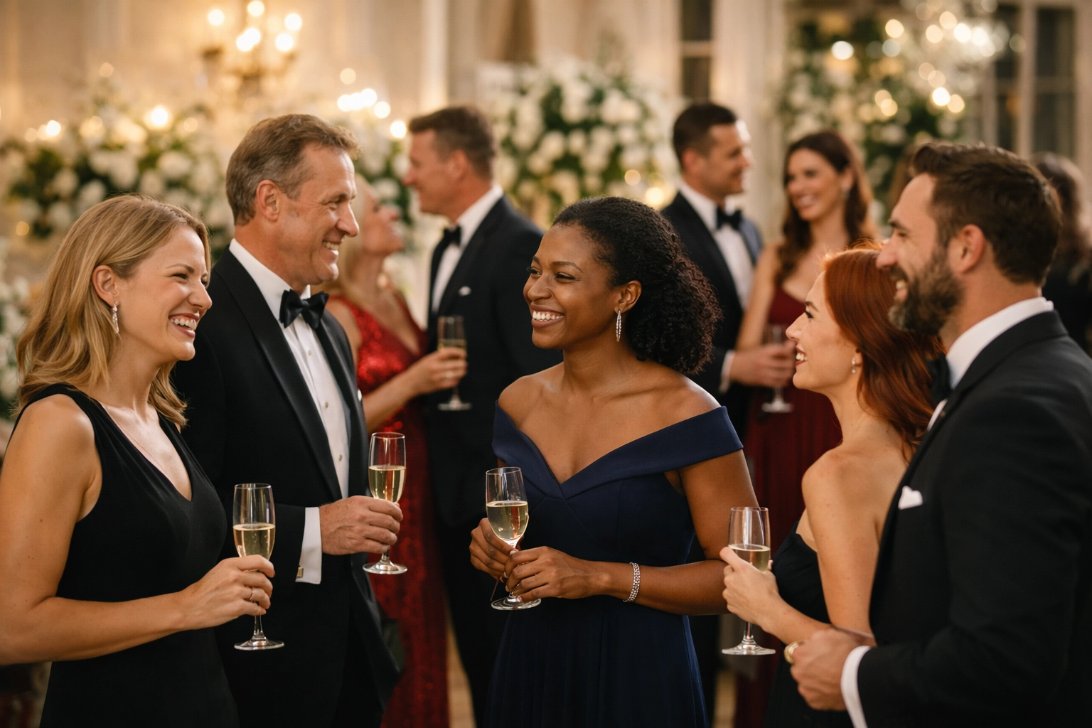 Community members gathered at banquet tables at an indoor fundraising event.