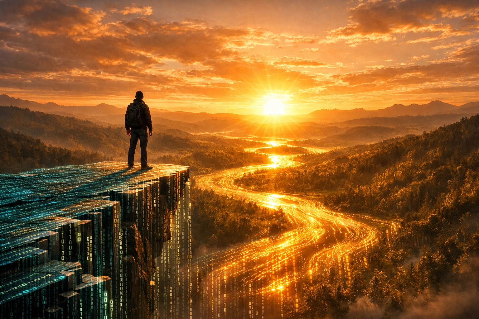 A person viewing a data landscape symbolizing a breakthrough in organic search engine traffic.