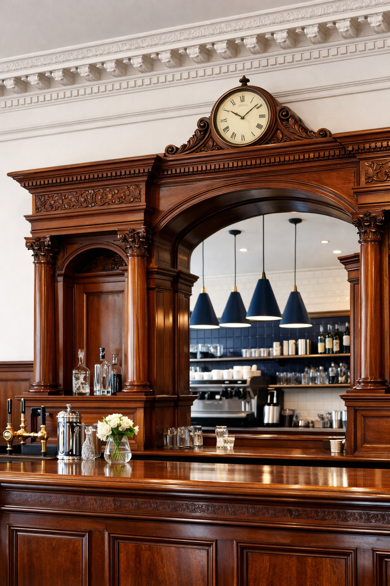 Professionally cleaned historic Lancaster cafe with polished wooden bar and dust-free surfaces.
