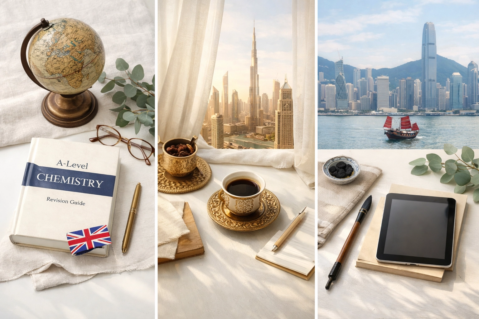 Global chemistry tutoring workspace showing London, Dubai, and Hong Kong educational materials