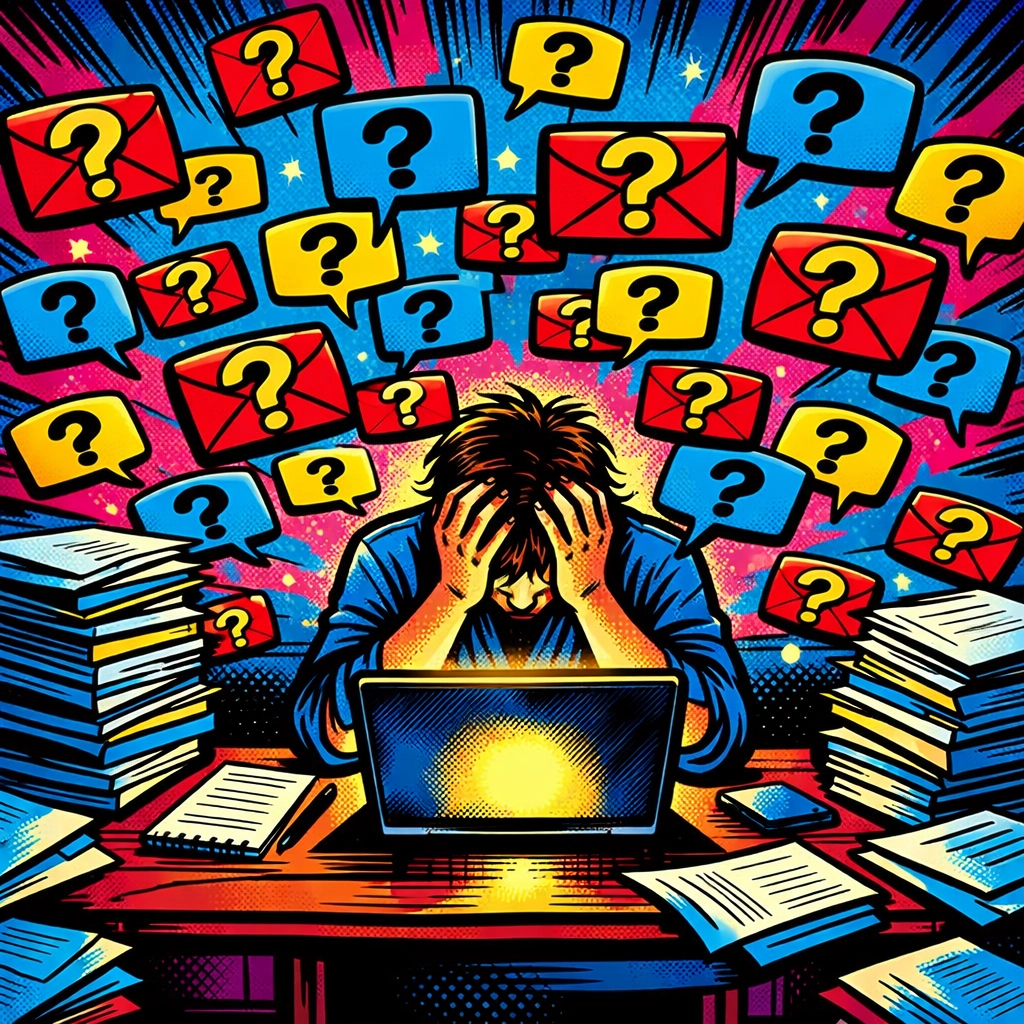 Small business owner overwhelmed by repetitive customer support questions and email notifications