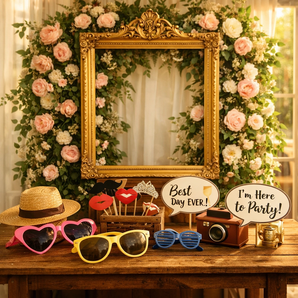 Photo booth rentals Indianapolis setup with floral backdrop and fun props for weddings