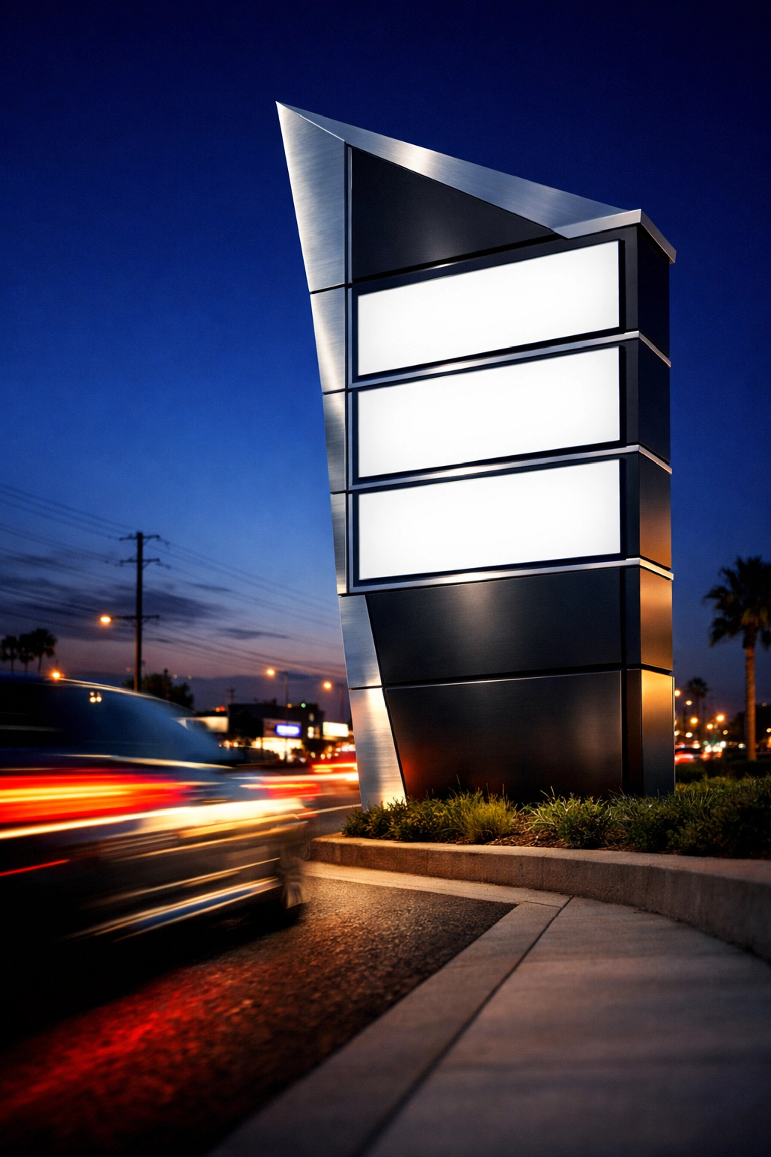 Sleek multi-tenant monument sign in Troy NY illuminated at night for maximum roadside visibility.