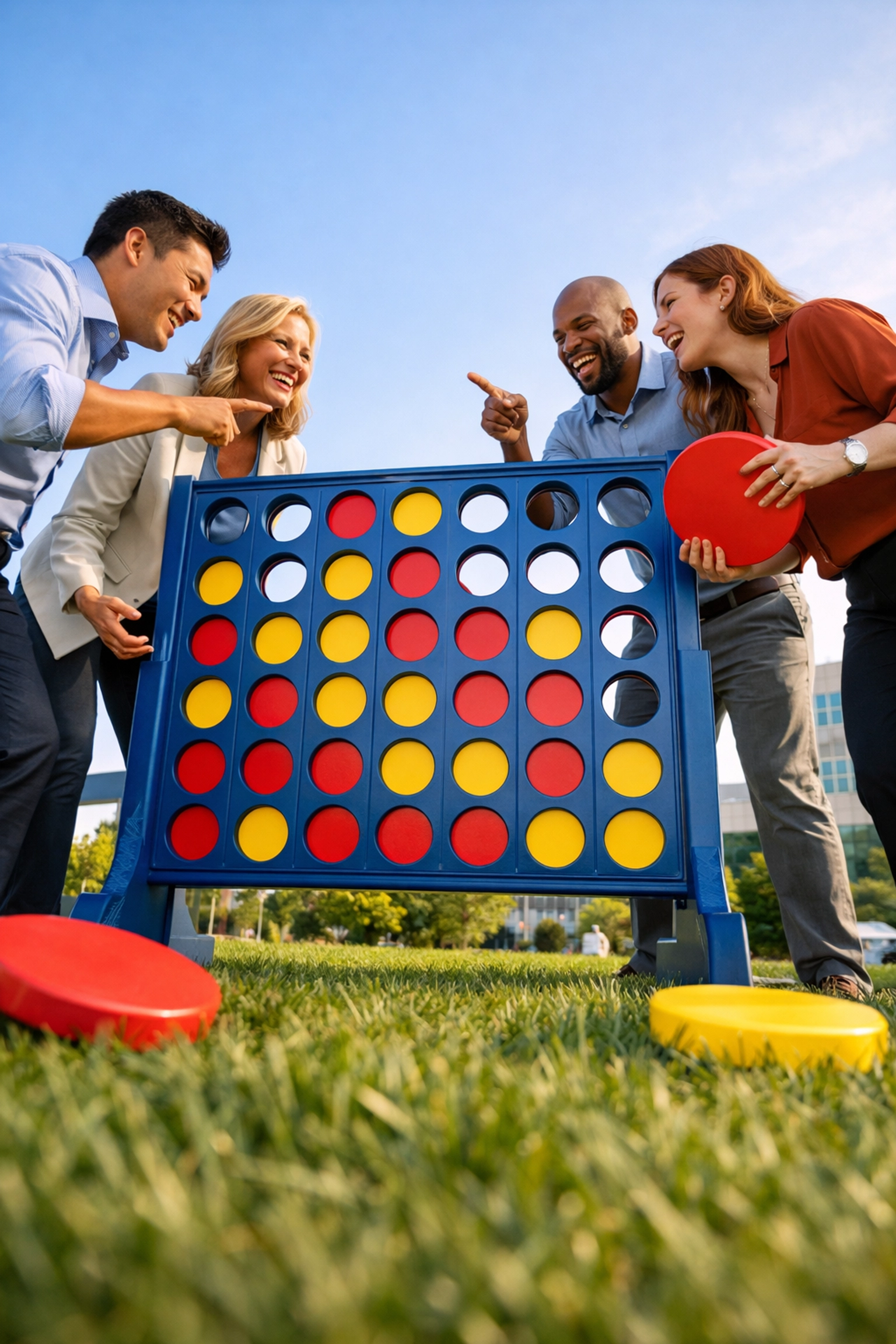 Business professionals enjoying oversized Connect 4 game at corporate team build