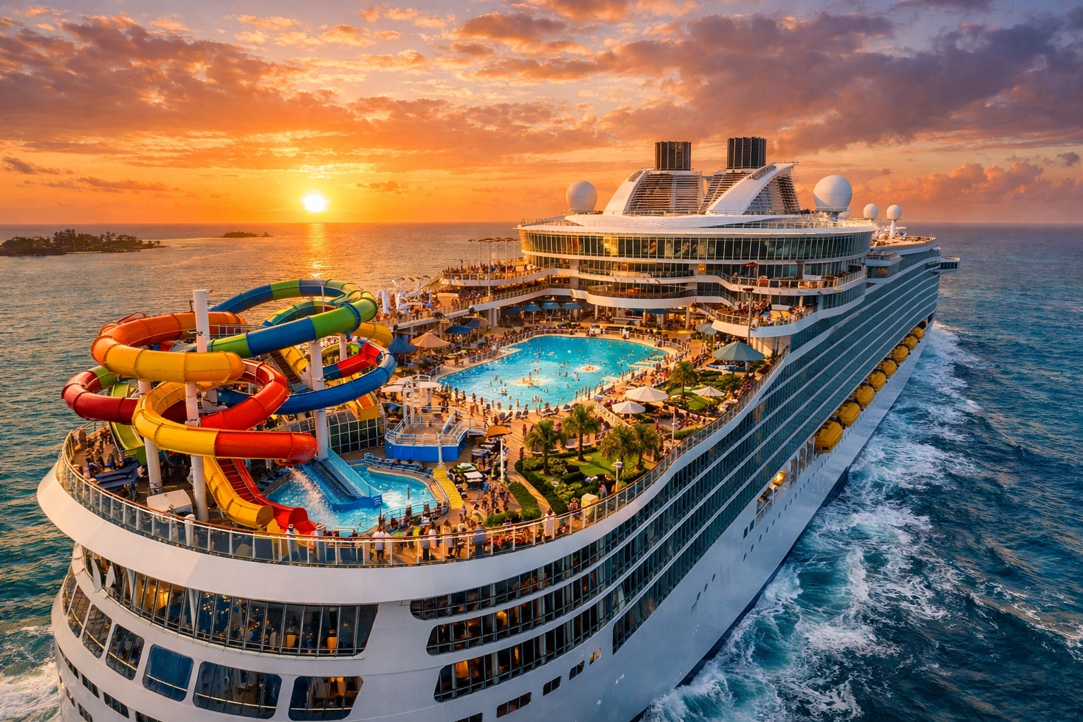 Modern mega-cruise ship with water slides sailing through Caribbean waters at sunset.