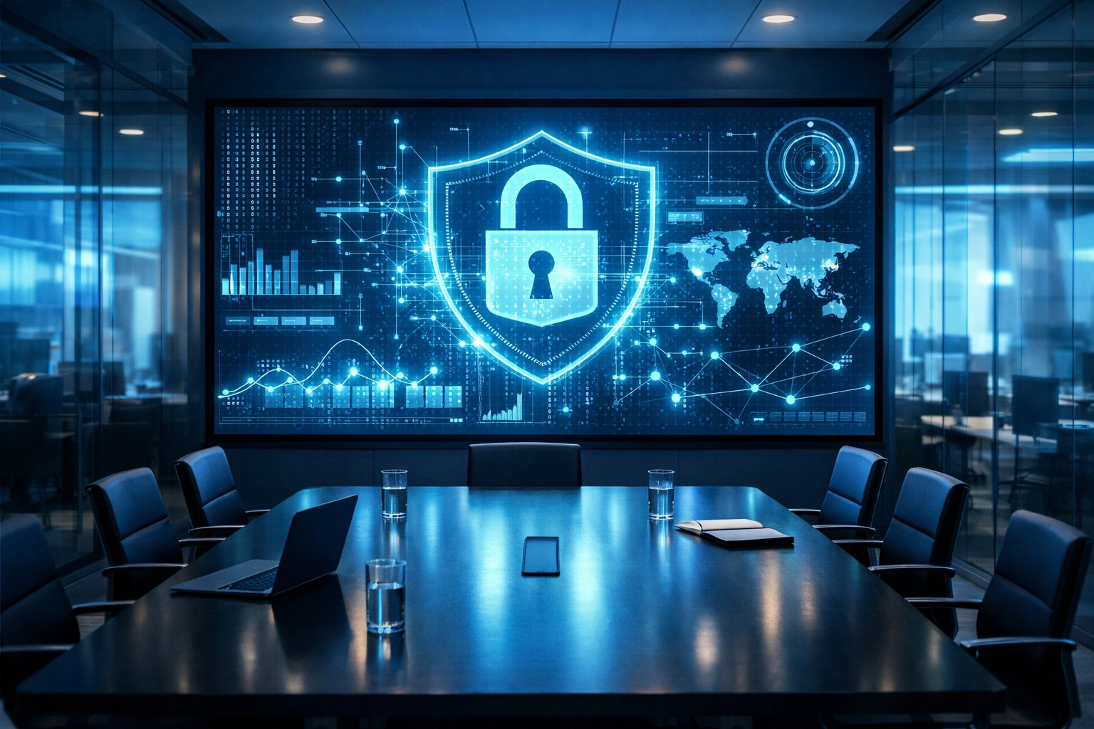 Office meeting room displaying cybersecurity monitoring and network security data