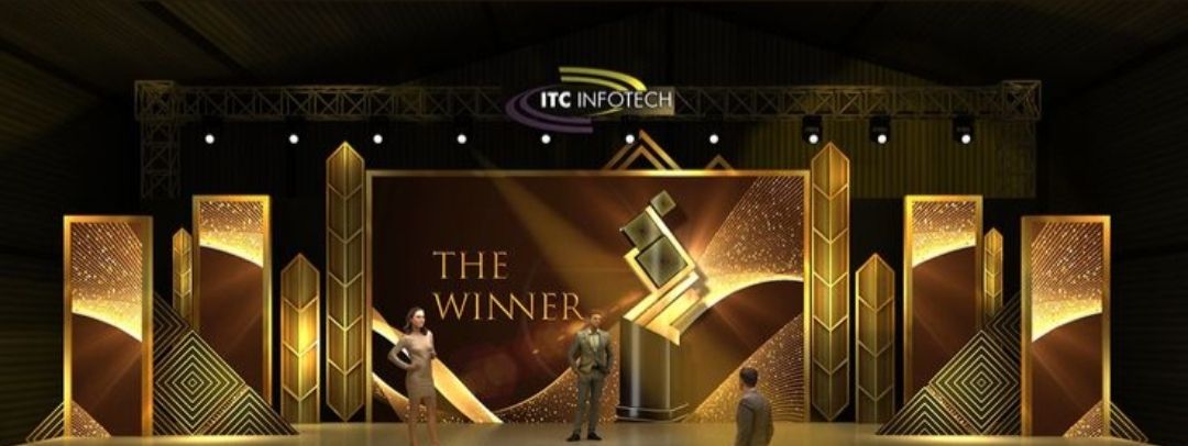 A glamorous, gold themed awards ceremony stage setup highlighting seamless logistics and design innovation.