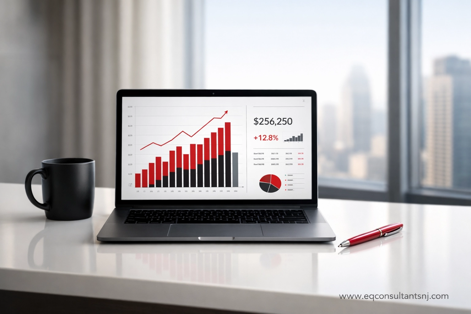 Clean financial dashboard on a laptop displaying profit and loss data for a NJ service business.
