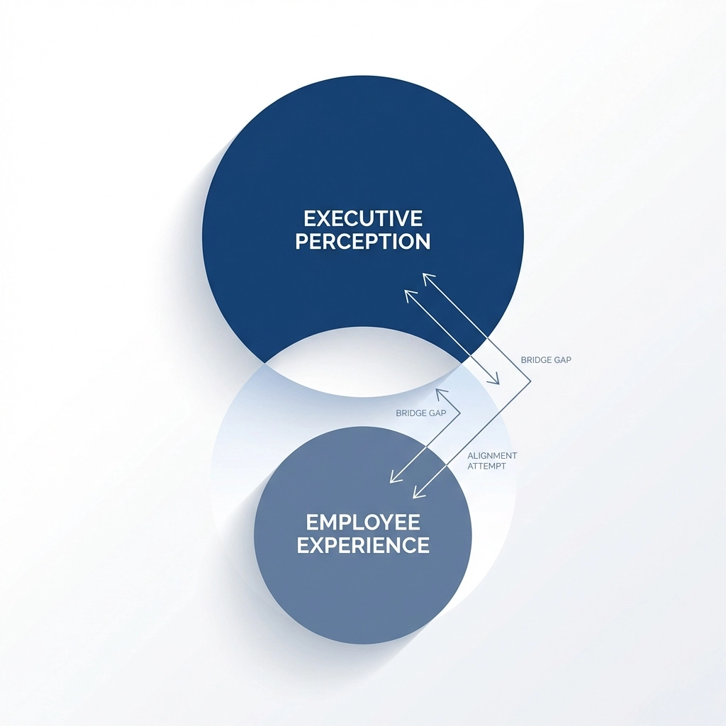Infographic showing a perception gap between leaders and employees to highlight cultural disconnect in the workplace.