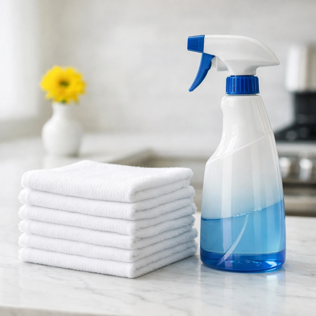 Professional cleaning supplies on a clean marble counter, representing reliable cleaning services Somerville MA.