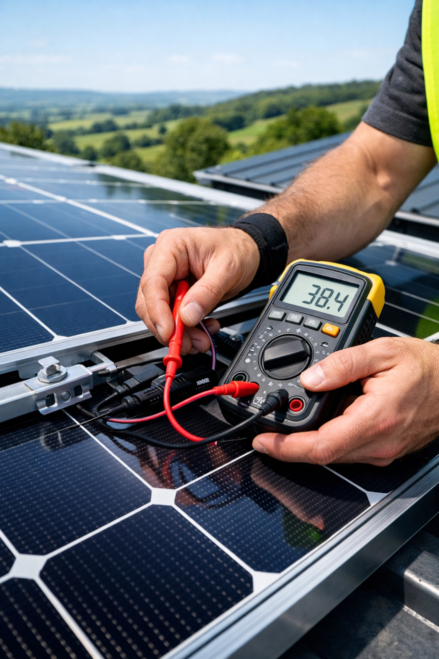 MCS-approved solar panel installer testing a new array on a sunny Dorset rooftop for quality assurance.