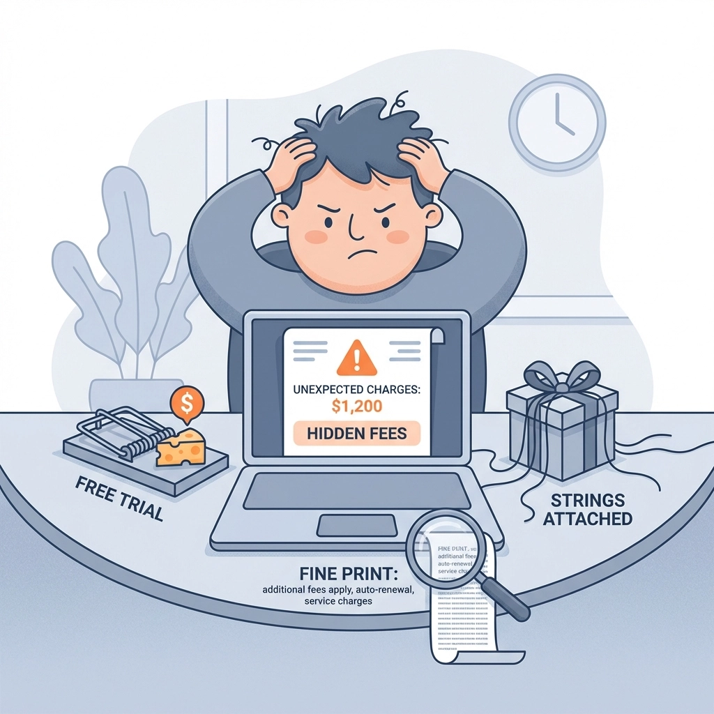 Frustrated business owner faces hidden costs of 'free' MMS marketing, illustrating common pitfalls for ROI.