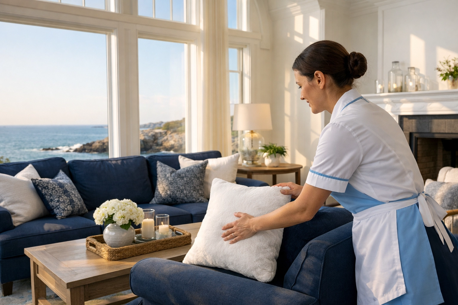 A professional cleaner in uniform tidying a high-end living room for a luxury cleaning service in Marblehead.