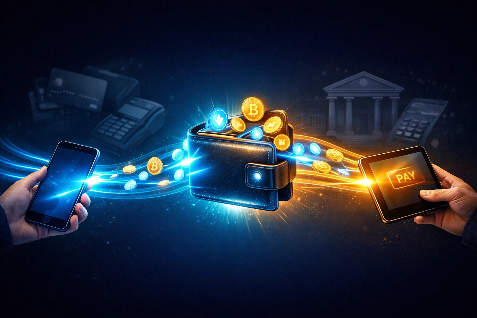 Direct Web3 cryptocurrency payment flowing from customer wallet to merchant, bypassing traditional banks