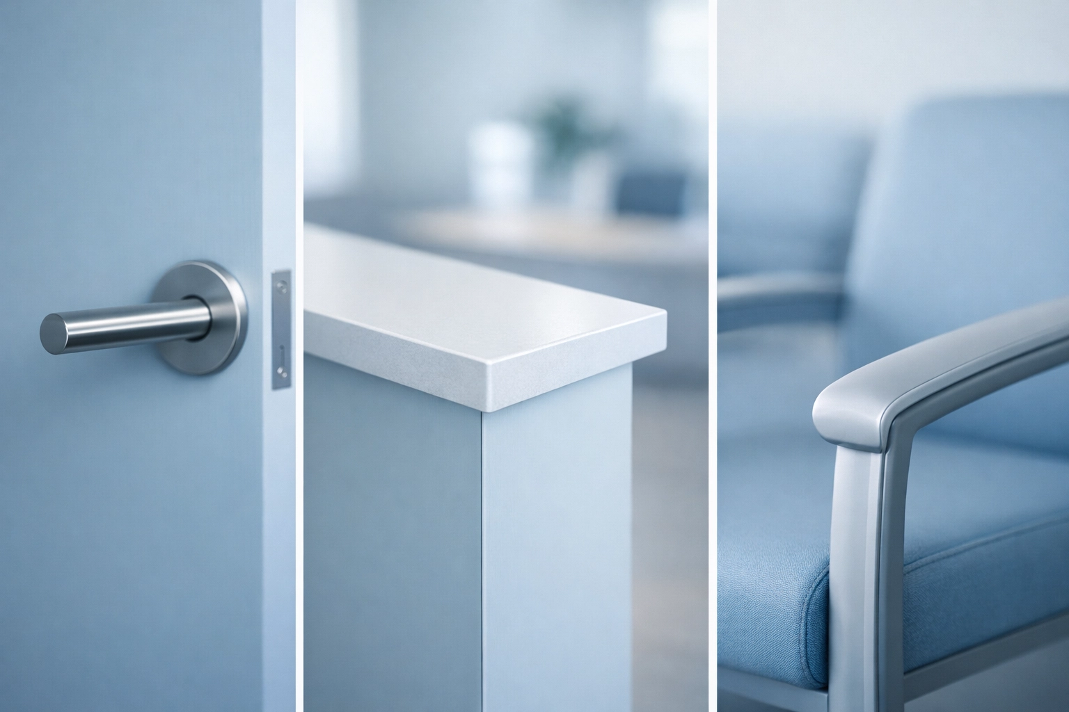 High-touch surfaces in a modern healthcare waiting room requiring frequent disinfection