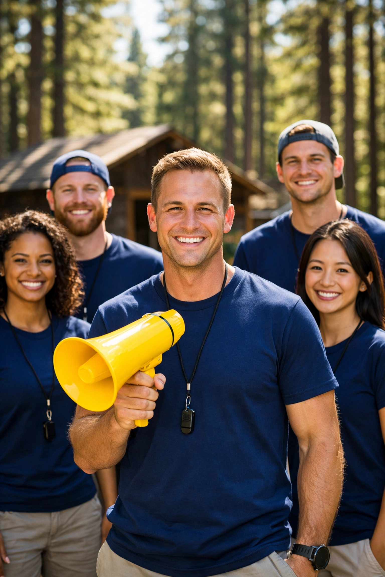 Camp counselors in matching navy blue staff shirts for easy identification at summer camp.