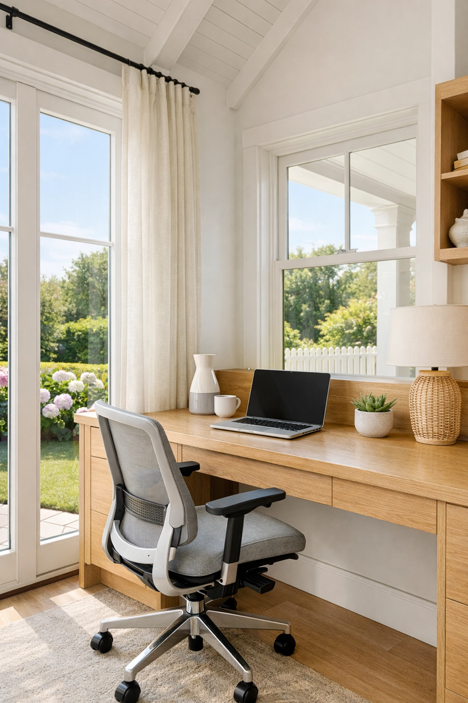 Bright coastal workspace with ergonomic chair and desk, designed for modern corporate housing residents.
