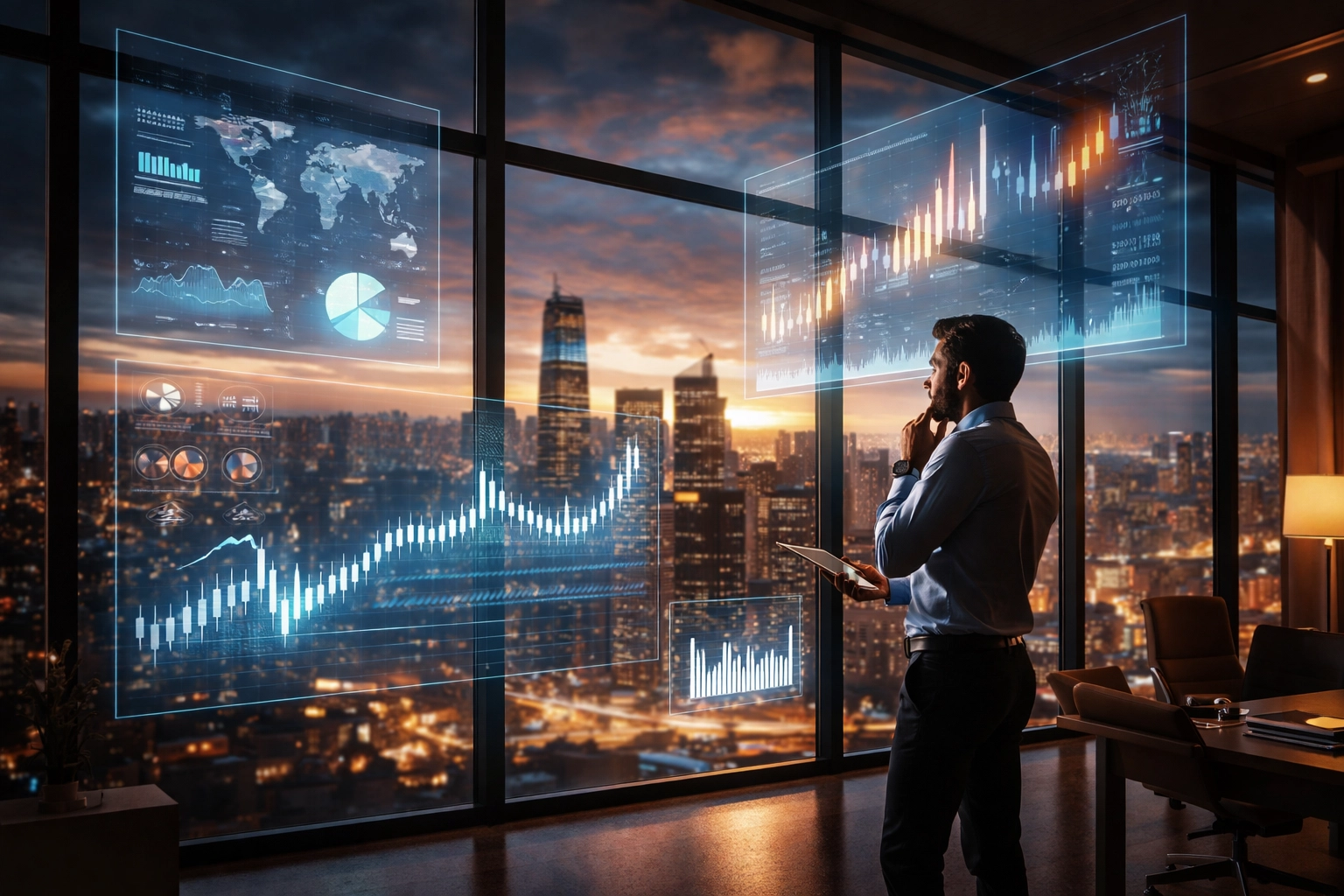 Investor reviews financial charts in a modern office, highlighting risk management in diversified portfolios.