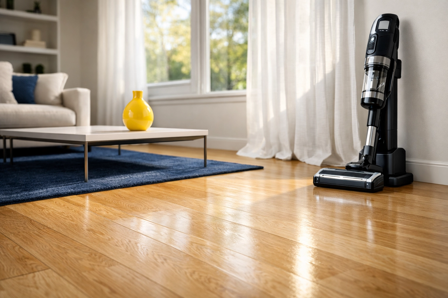 A pristine West Cambridge living room with polished floors and a professional vacuum for House Cleaning Cambridge MA.
