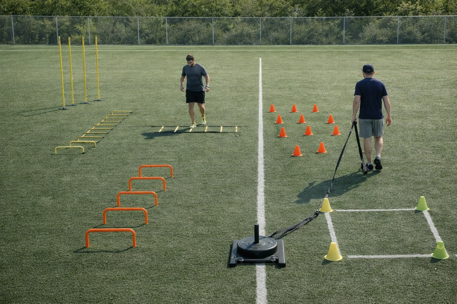 Complete six-station agility circuit setup showing training equipment for coaches