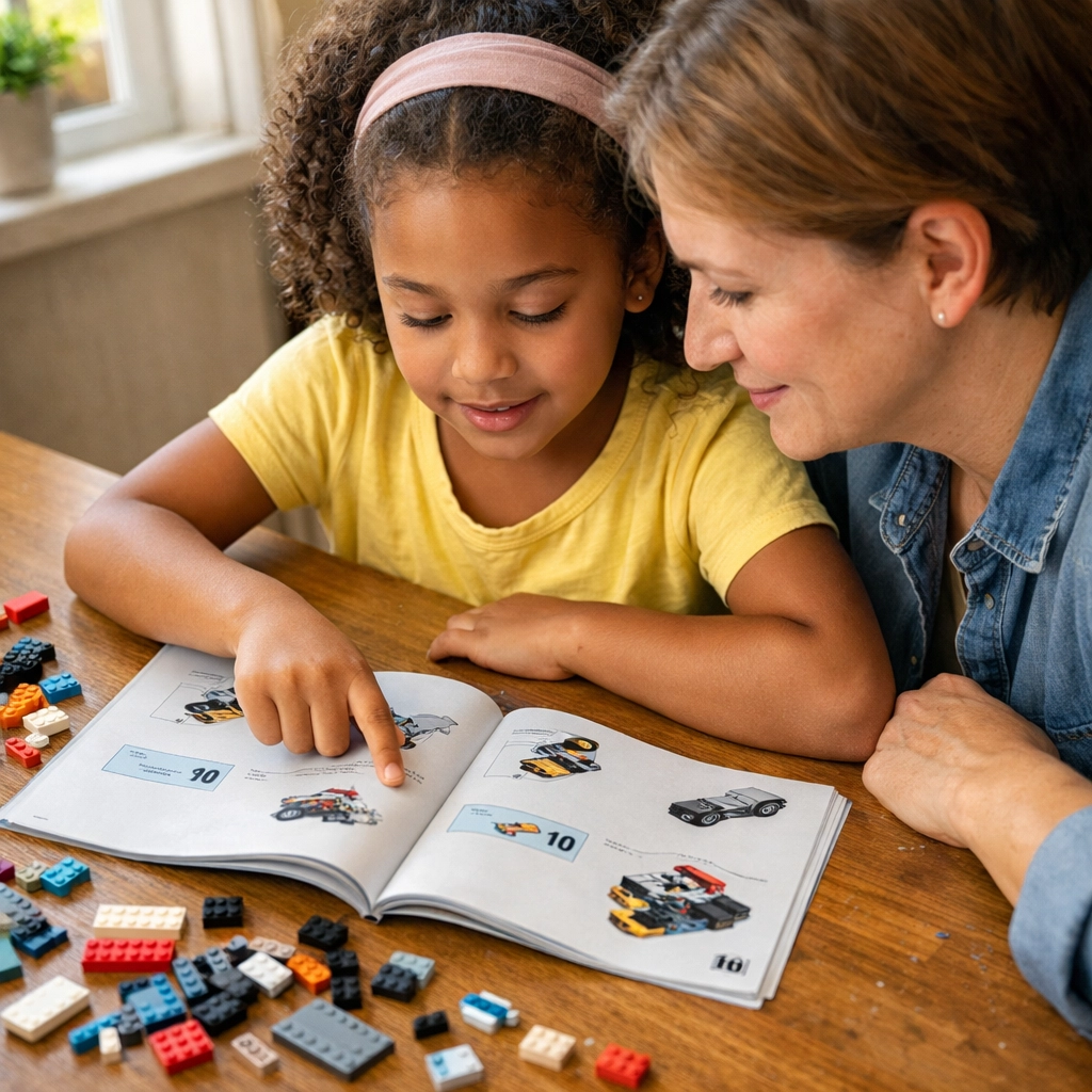 Ouder en kind oefenen begrijpend lezen samen met LEGO-instructies aan de keukentafel