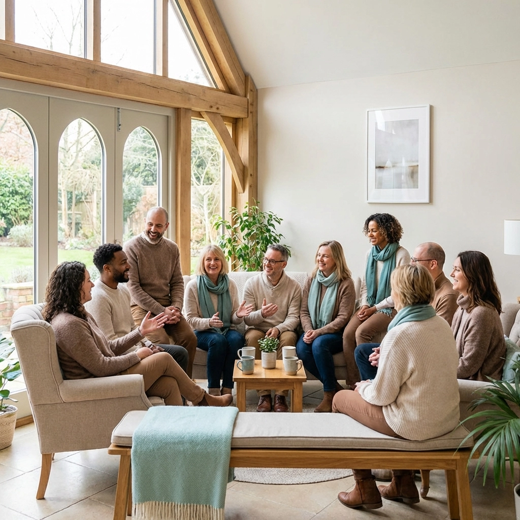 Diverse group supporting each other in a bright room, illustrating community connection in holistic addiction recovery.