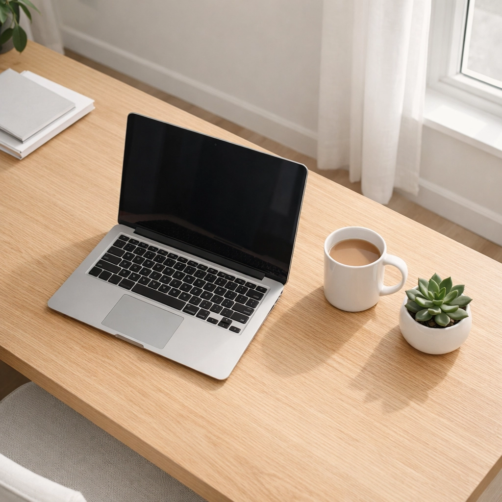 Minimalist home office desk with a laptop for studying online tax preparation courses.