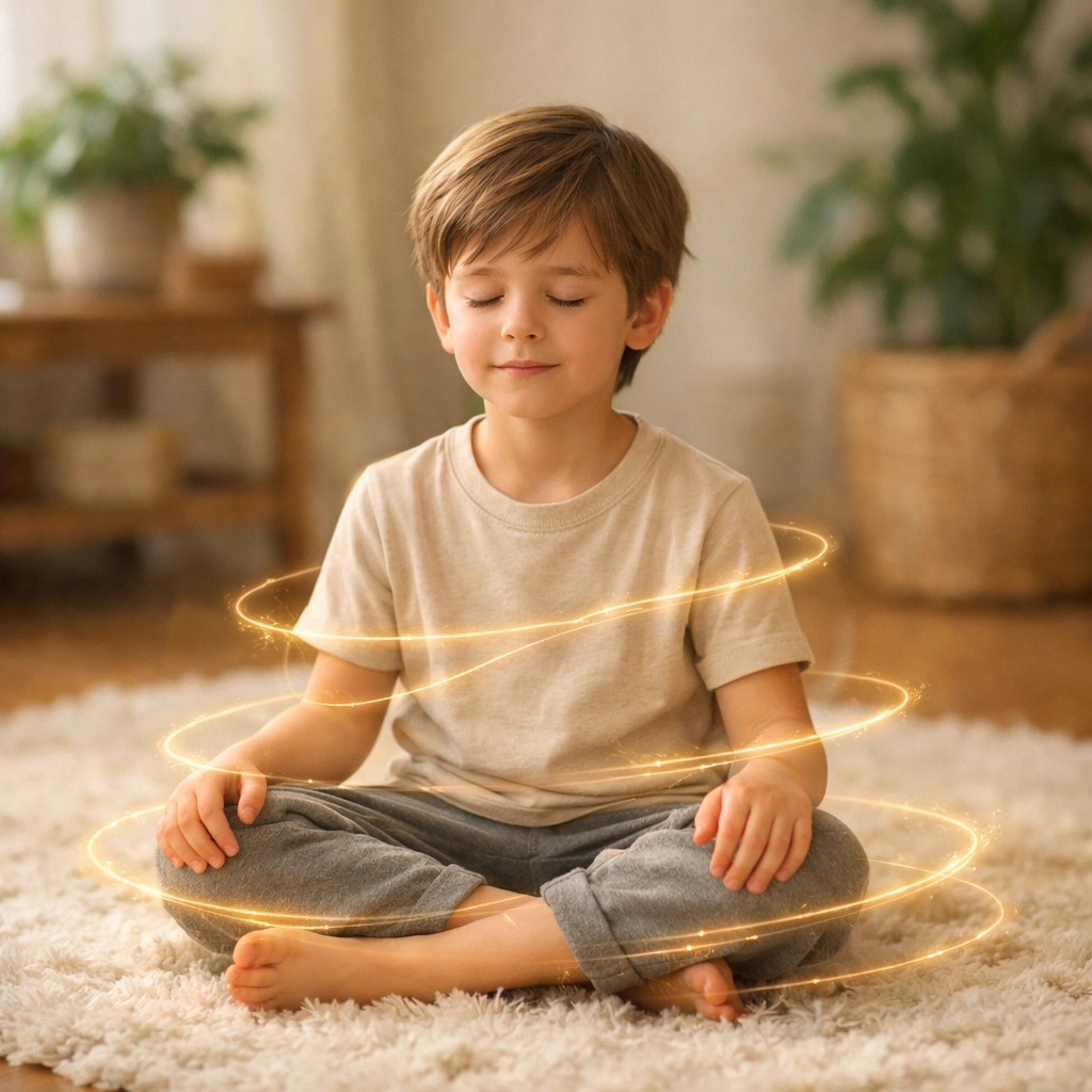 A calm boy sitting on a rug, illustrating proprioceptive input as a grounding gentle tether for sensory peace.