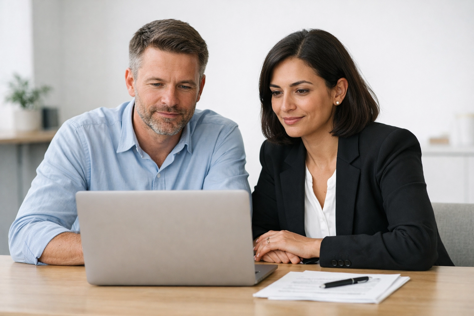 Professionals reviewing ITOM compliance and ROI data in a minimalist corporate environment.