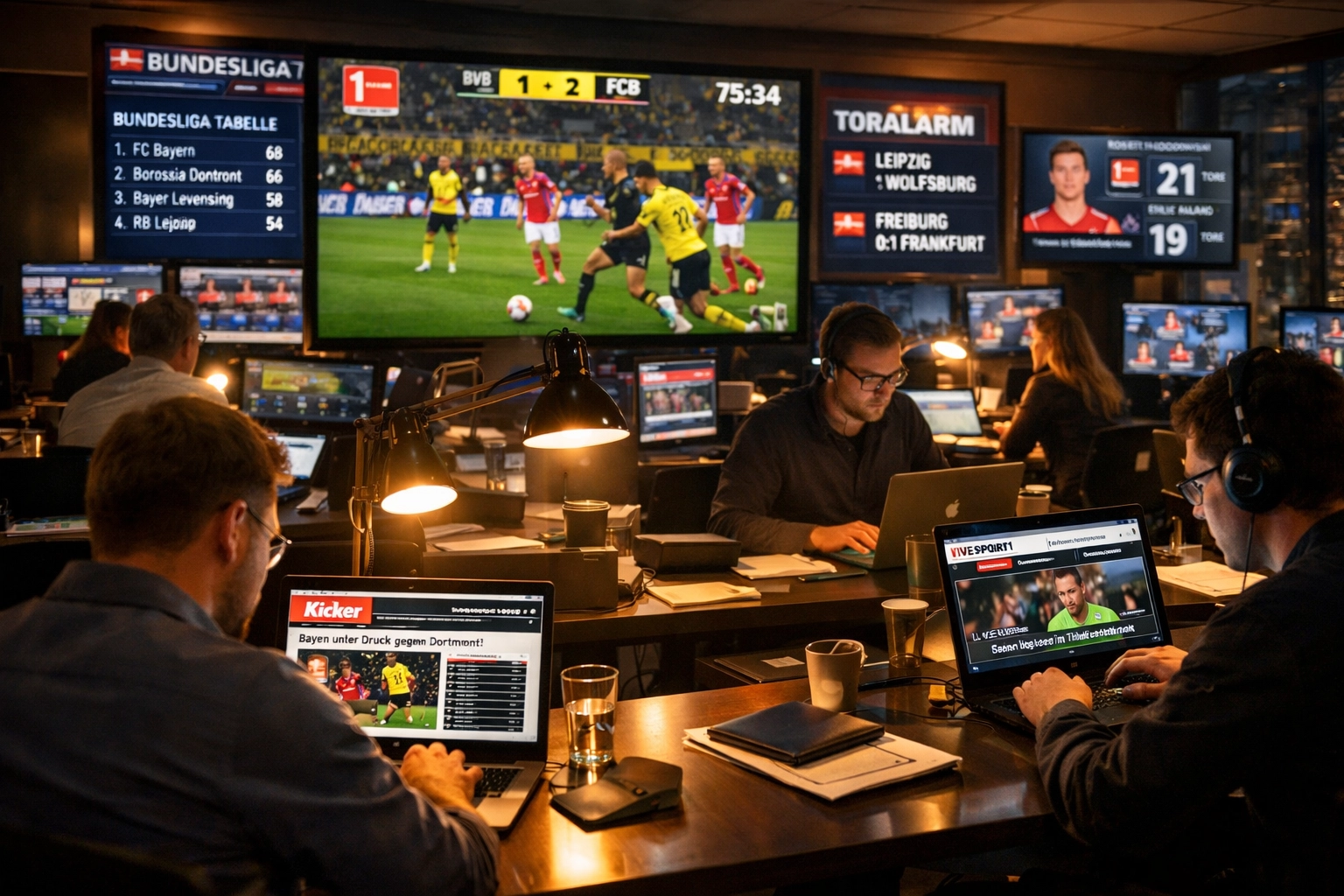 German football newsroom with Bundesliga coverage on multiple screens