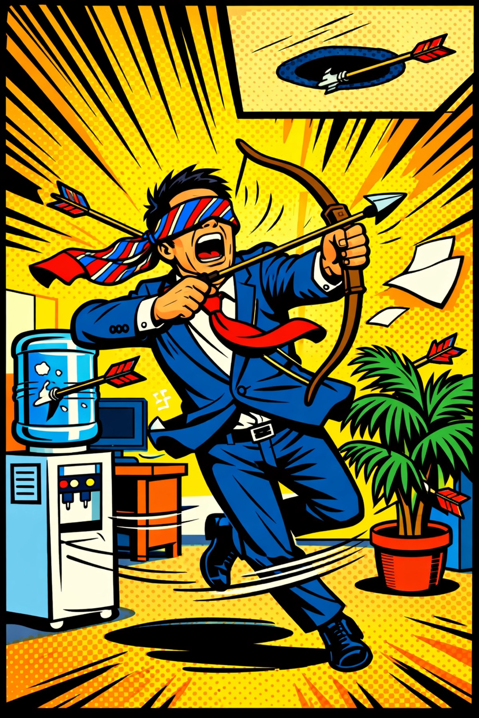 Frantic business owner shooting arrows blindly, illustrating a lack of goals in small business workflow automation.