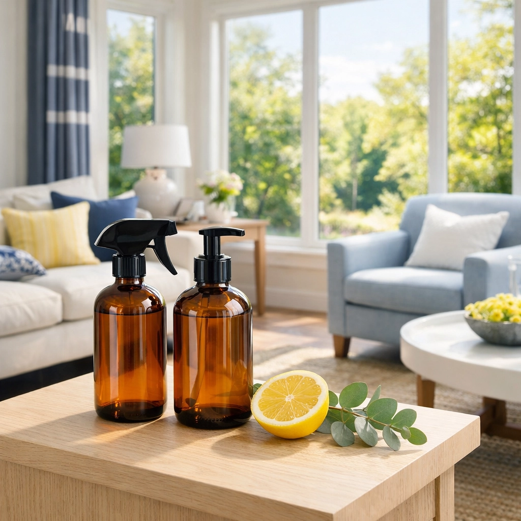 Natural eco-friendly house cleaning supplies in a bright West Cambridge living room near Fresh Pond.