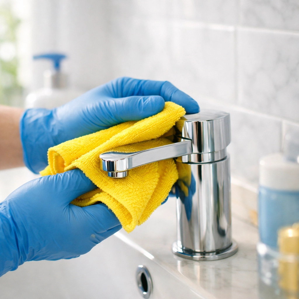 Professional cleaner polishing a bathroom fixture during professional house cleaning in Chelmsford, MA.