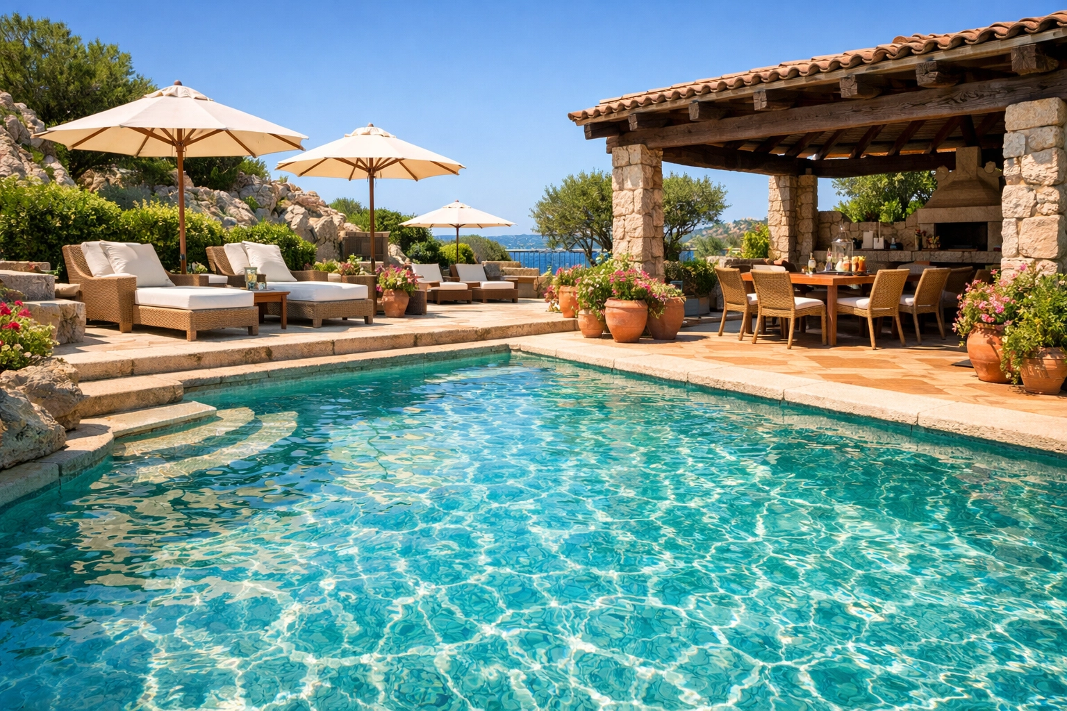 Sparkling private pool with terrace and outdoor dining area at a Sardinia villa