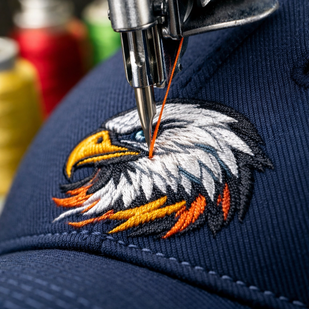 Close-up of custom hats embroidery process with thread stitching a design onto a baseball cap