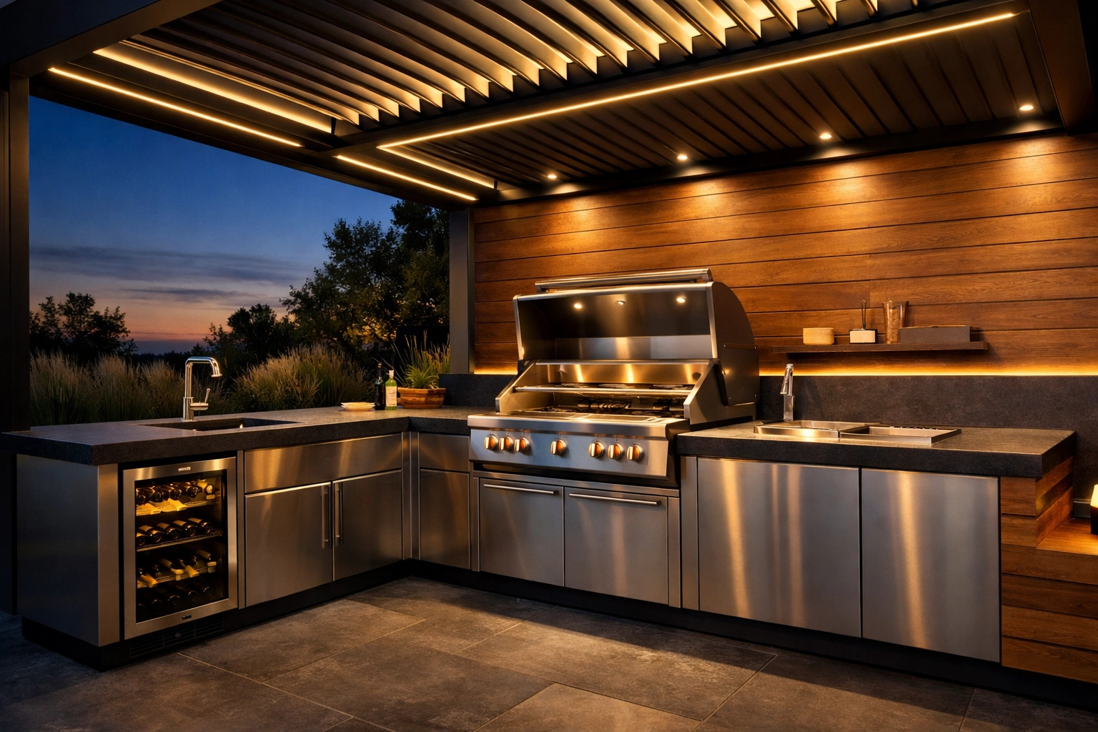 Outdoor-Küche unter Pergola mit LED-Beleuchtung für ganzjähriges Kochen im Freien