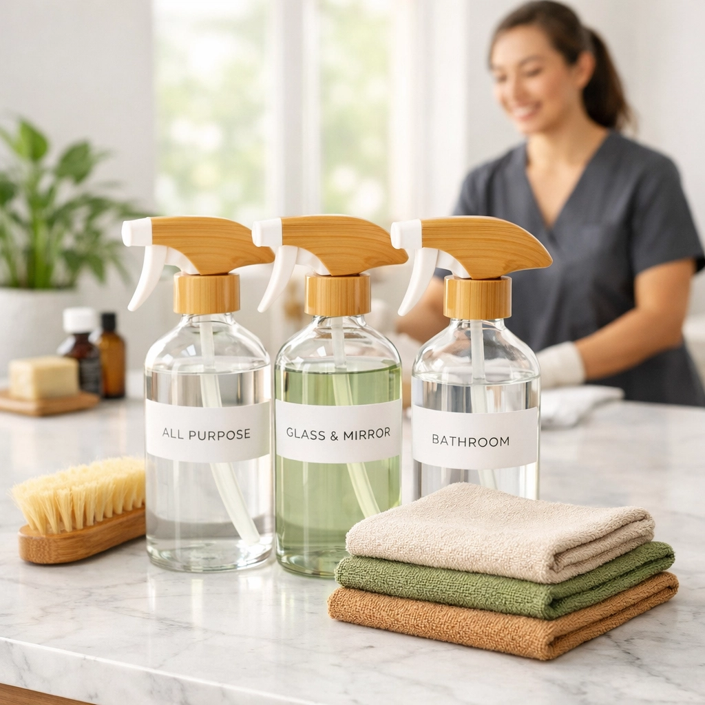 Professional eco-friendly cleaning supplies and glass spray bottles for green cleaning pros in Simcoe County.